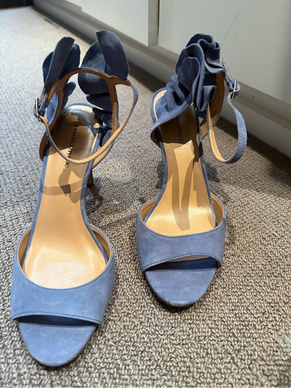Banana Republic Dusty Blue Suede Ruffle Ankle-Strap Heels NWT